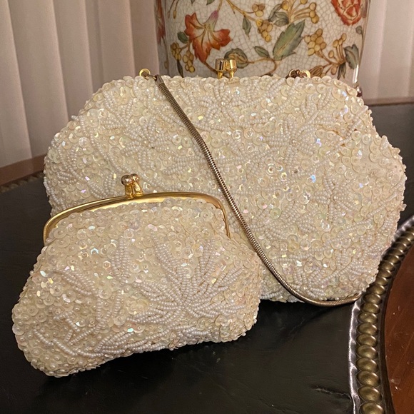Handbags - Handmade Ivory Beaded Sequins Aurora Borealis Evening Bag with Change Purse Set